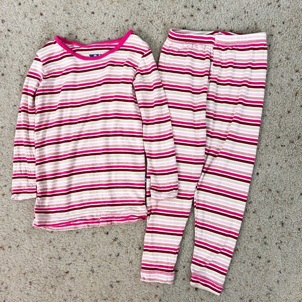 KicKee Pants Pink Striped 2 Piece Pajama Set Girls Size 3T